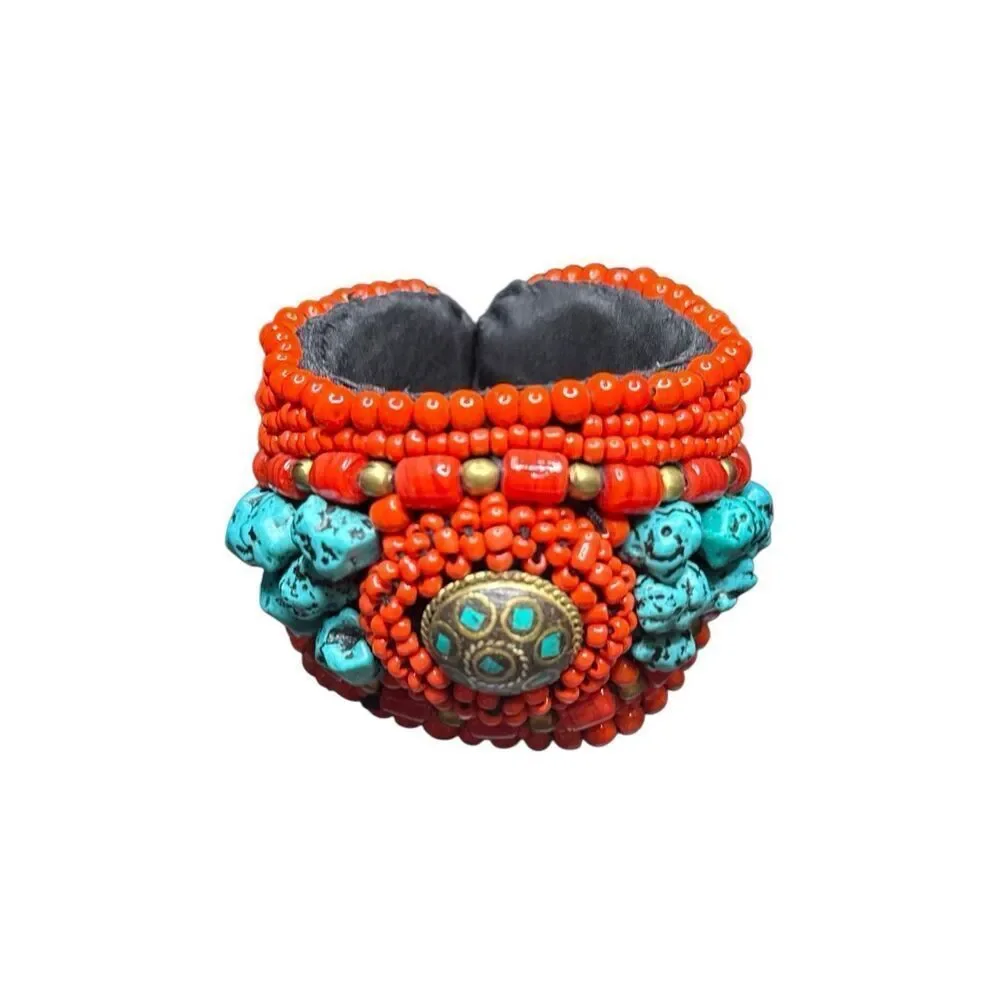 Boutique Orange, Turquoise, and Bronze beaded wrap bracelet